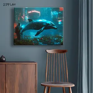 2D Flat, Cybernetic Dolphin Wall Art Framed in Classic Wood - HD Printed Ready-to-Hang Modern Vintage Marine Painting, Sleek Blue Dolphin in Urban Night Scene with Neon Lights - Home Office Decor, Housewarming Gift, Wrap-Around Canvas Frame	