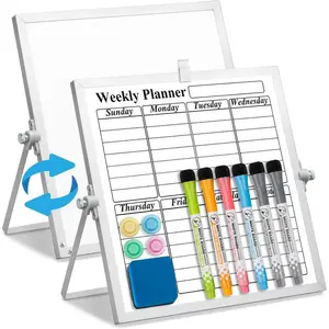 Dry Erase White Board with Stand, 10" x 10" Double-Sided Desktop Whiteboard, Mini Portable Weekly Calendar Planner Board Set with 6 Markers, 4 , 1 Marker Holder & 1 Eraser
