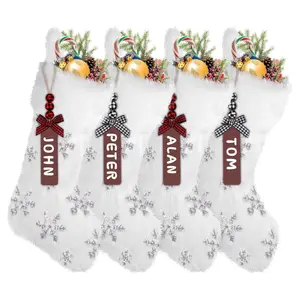 4PCS White Christmas Stockings, Large Xmas Glitter Snowflake Plush Hanging Stocking Decoration with Name Tags for Christmas Holiday Family Party Decorations