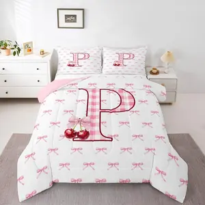 Feelyou Queen Quilt Bedding Set - Initial P Letter Bowknot Comforter Set, Pink Bow Tie Cherry Printed Blanket, Bowknot Design Blanket for Girls, Princess Coquette Decor