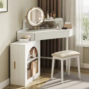 ARCH Corner Makeup Vanity Desk With Mirror & LED Lights, Modern Vanity Set With Mirror And Stool, Dressing Table With Large Storage For Small Place, Brightness Adjustable Folding Mirror, White