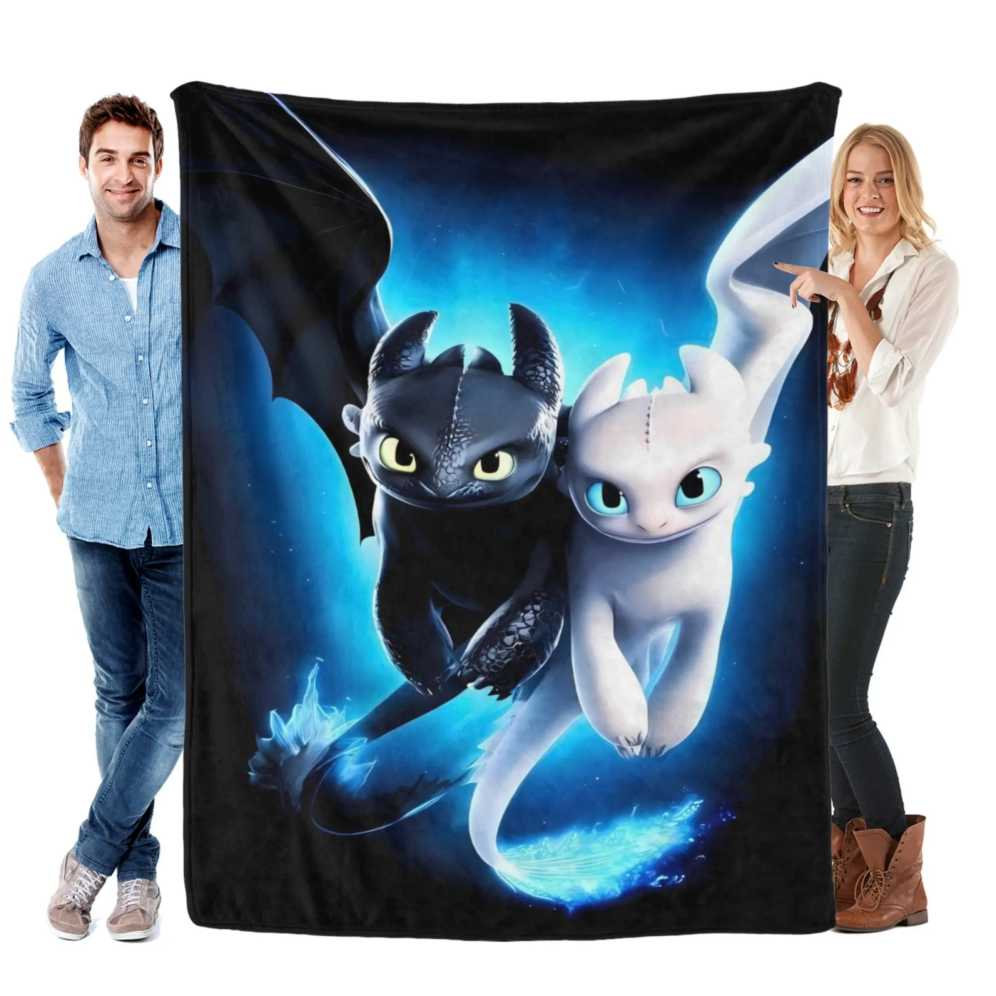 How to Train Your Dragon Throw Blanket, Toothless & Light Fury Dragon Flannel Fleece Blanket, Soft Cozy Warm Blanket for Kids Bedroom Sofa Dorm Room Decor, Cute Fantasy Dragon Gift for Movie Fans, Kids & Family