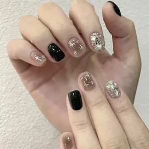 10pcs Short Square Handmade False Nails, Pure Block Design, Shiny Irregular Glitter, Silver Star Pattern, Gradient Acrylic Nail Art