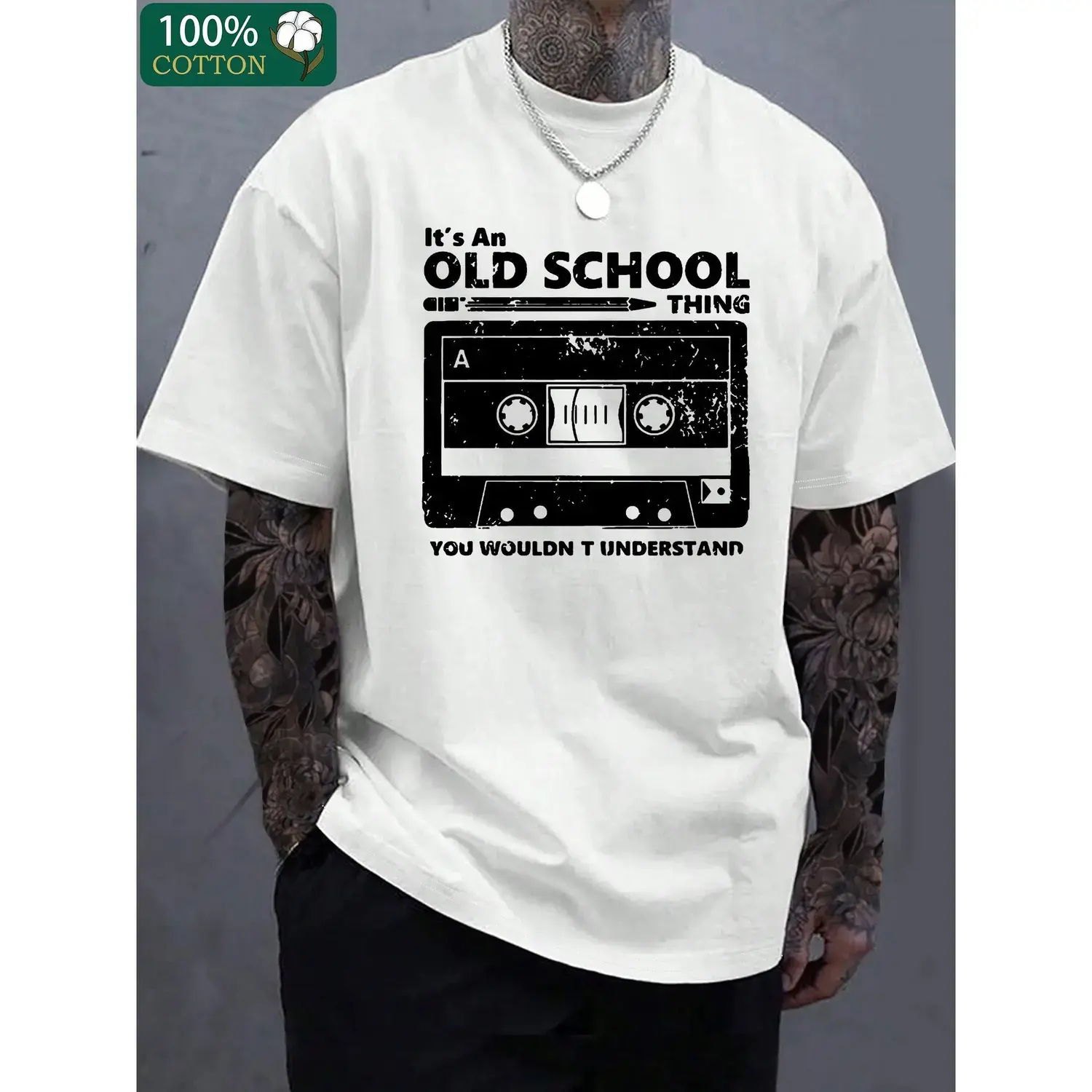 Men's Retro Graphic Cotton Short-Sleeve T-Shirt - Vintage Cassette Tape Design, Soft Crew Neck, Casual Streetwear Top, Menswear Tops for Summer