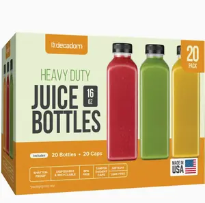 16oz 20pcs Juice Bottles With Caps - MADE IN USA Juice Containers With Lids For Fridge - Juicer Bottles With Tamper Evident Caps, Shatterproof, BPA-Free, Leak proof, Disposable & Recyclable