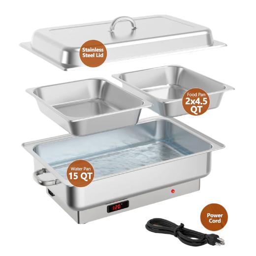 GARVEE 9QT Electric Chafing Dish Set with Temperature Control, Stainless Steel Buffet Servers and Warmers, Available in 1×1/1, 2×1/2, and 1x1/1+2x1/2 Pan Configurations for Catering
