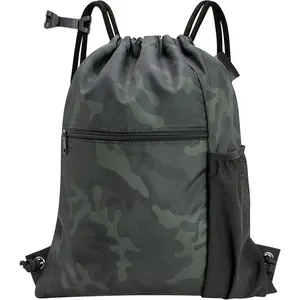 Men & Women Outdoor  Gym Sack  Drawstring Backpack Bag (Standard with drawstring, Black Camo)