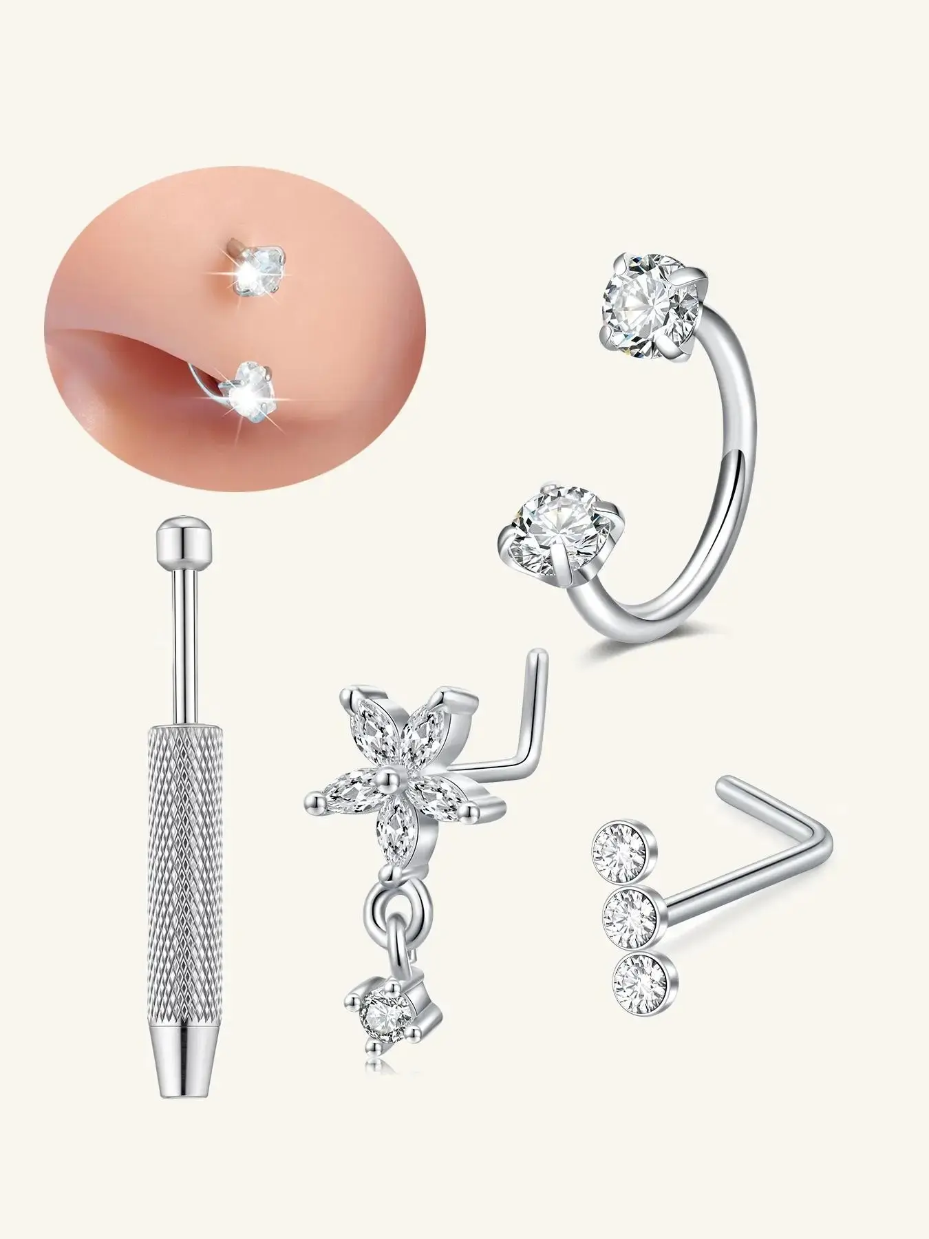 Stainless Steel Oxidized Zirconia Nose Ring, Nose Ring Hoops, Spiral Nose Ring, Horseshoe Nose Hoop L-Shaped Nose Studs, Women's Surgical Steel U-Shape Tragus Earrings, Nose Piercing Jewelry, Body Jewellery