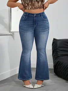 Women's Plus Size High Waist Flare Jeans, Washed Vintage Elastic Bell Bottoms, Comfortable Stretch Denim Jeans for Everyday Wear