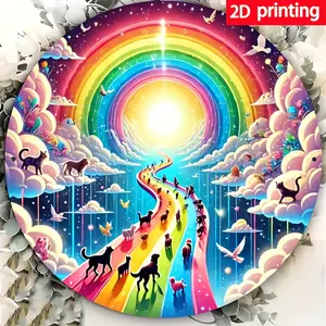 2D Flat Printed Iron Round Sign Journey to the Rainbow Bridge Artwork Waterproof Fade Resistant High Temperature Resistant Wall Door Decoration for Indoor Bedroom Club Porch Perfect Gift for Enthusiasts and Home Decor Shoppers