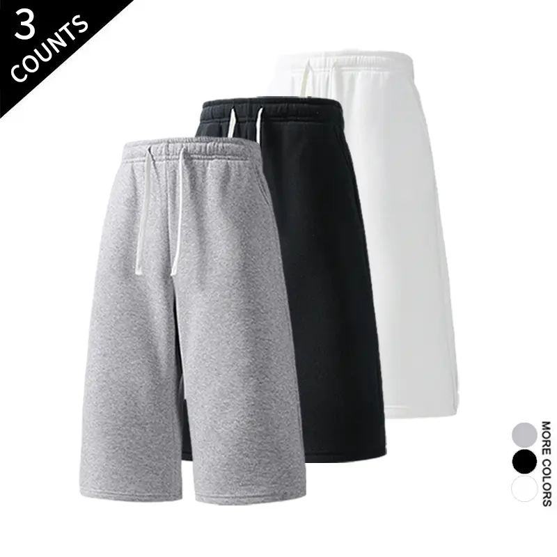 Men's 3-Count Loose Fit Plain Drawstring Knee-Length Long Shorts - Unisex Drawstring, Neutral-Toned Black/White/Gray, Practical Side Pockets, Basic for Gym, Street Wear