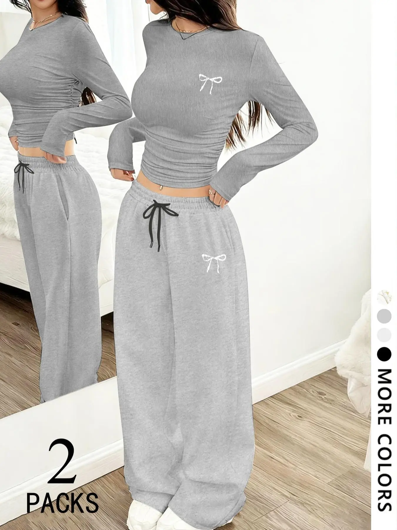 Y2K School Sweet Cool Girl Lady Back-To-School Set, Bow Print Ruched Top & Wide Leg Pants, Youthful and Stylish, Everyday Fit, Multiple Colors Available, Womenswear, Clothes