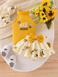 Baby Girl Bee Theme 3-Piece Gift Set, Neckline Vest Top + Babydoll Skirt + Hairband, Cute Summer, Adorable Layered Dress