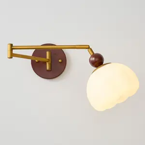 Swing Arm Wall Lamp, Mid Century Modern Adjustable Wall Sconce with Gold Metal Swing and Cream Dome Shade, Retro Farmhouse Wall Mount Light for Bedroom Bedside Reading Living Room Hallway