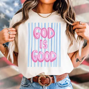 Women's Short Sleeve God Is Good Graphic Tee - Curly Hair Co Cute Christian Faith Bubble Letter Bible Shirt, Pink
