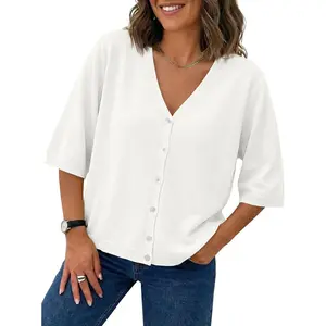 Imily Bela Essentials Womens Half Short Sleeve Cardigans Summer Lightweight Knit V Neck Button Down Casual Sweater Tops