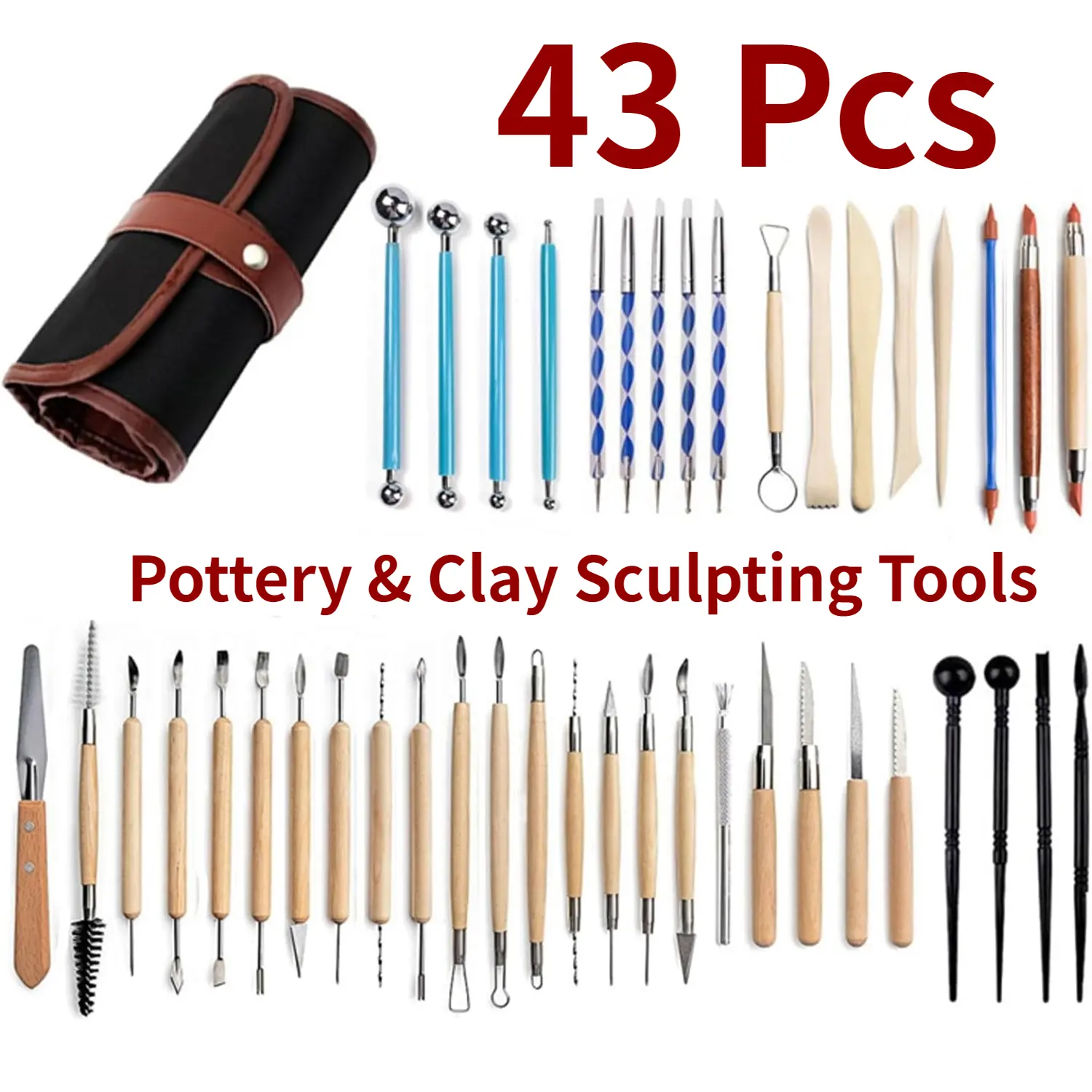 43-Pcs Pottery & Ceramics Tool Set for Beginner Level - Double-Sided Design, Smooth Wooden Handles, Corrosion Resistant Metal Tipped Carving & Modeling Tools with Carrying Case (Home Improvement & Building Supplies)