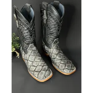 Cowboy Print Rustic Pirarucu Grey Square Toe Boots