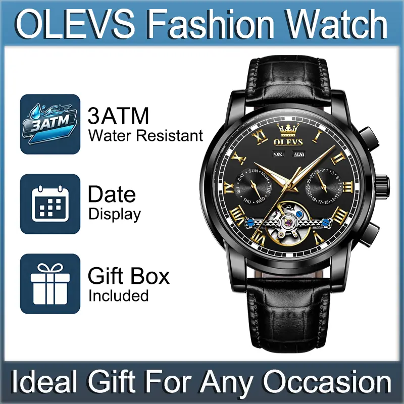 OLEVS Men's Luxury Mechanical Watch, Automatic Skeleton Dial with Luminous Hands, Leather Strap with Buckle, 30M - 50M Waterproof, Analog, Automatic Movement, Business, Mineral Glass, Round, Stainless Steel, Classic Fashion Men's Watches
