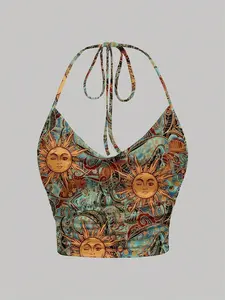 Casual Sun Pattern Minimalist Tie Neck Loose Fit Halter Top, Country Concert Suitable For Going Out