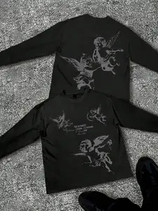 Men's Fitted Fashion Graphic Long Sleeve T-Shirt, Angel Cupid Pattern, Casual Daily Wear, Unisex, All Seasons, Street Style, Streetwear