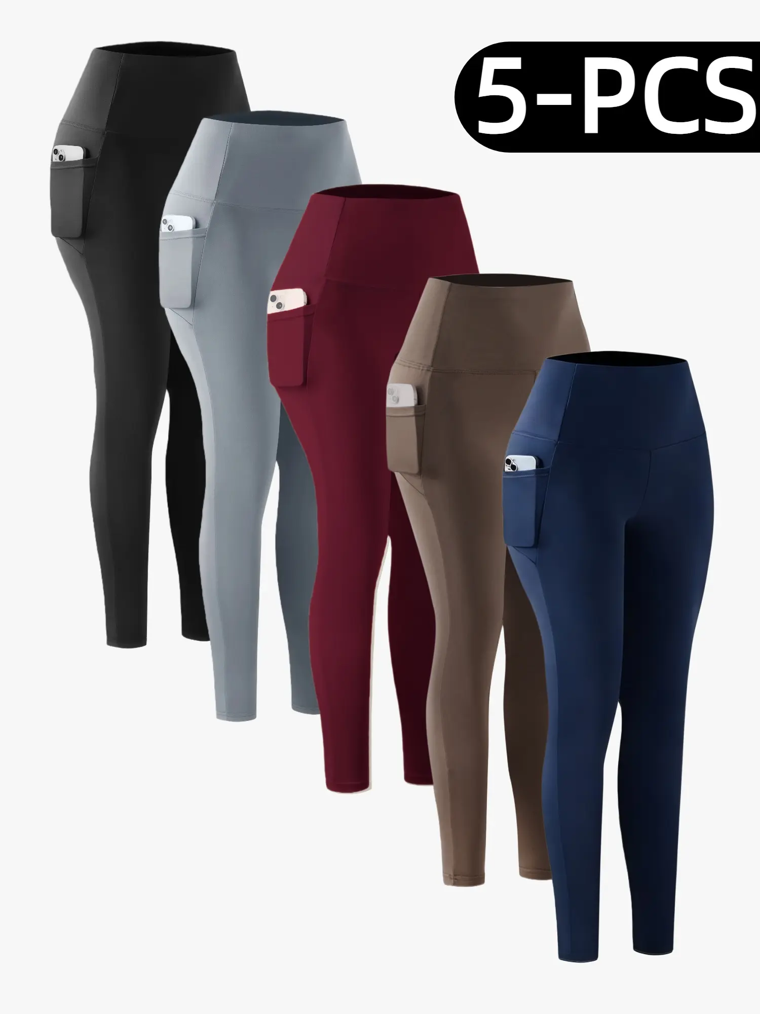 OKP Women's 5-Pack Solid High-Waist Pocket Sports Leggings - Comfy Breathable Skinny Active Gym Pants, Athleisure Fitness Pants for Yoga, All-Season Women's Clothes