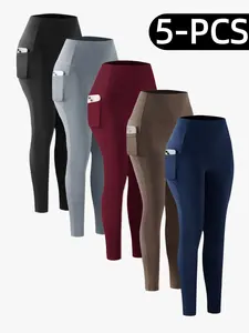 OKP Women's 5-Pack Solid High-Waist Pocket Sports Leggings, Comfy Breathable Skinny Pants for Yoga, Gym, All-Season Ladies Sportswear