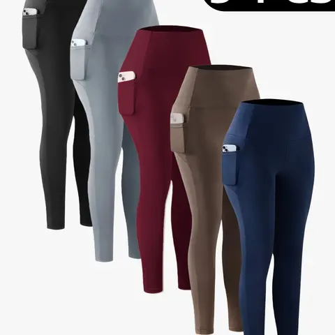 OKP Women's 5-Pack Solid High-Waist Pocket Sports Leggings - Women's Clothing, Comfy Breathable Skinny Active Gym Pants for Yoga, All-Season Athleisure Student Outfits