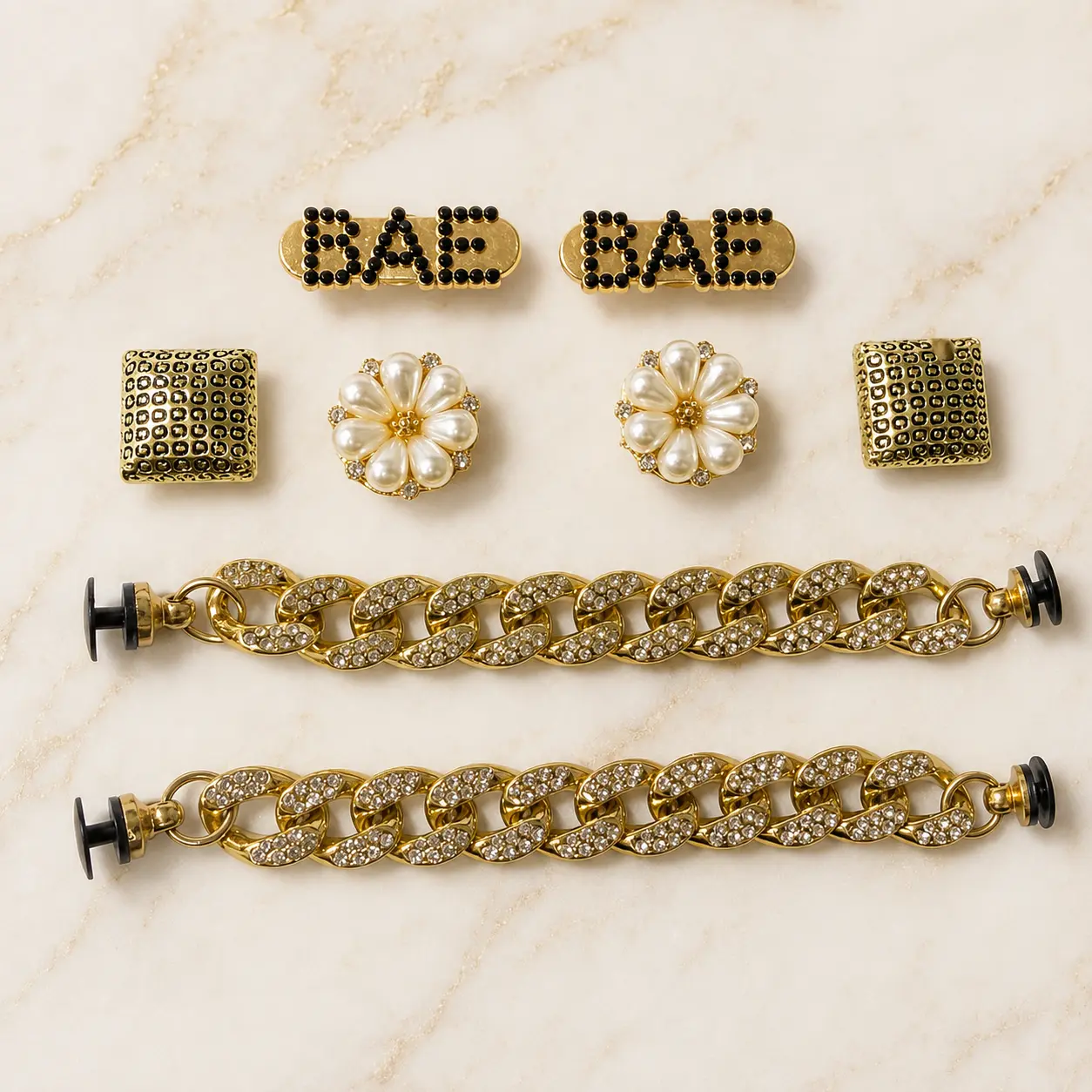 8PCS Gold Shoe Charms Set for Clog Shoes, Rhinestone Chain Shoe Accessories, Pearl Flower Charms, Black Letter & Vintage Square Decorative Shoe Pins for Women Girls