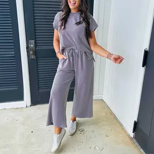 Wild Wind Solid Corded Knit Short Sleeve T Shirt and Wide Leg Pants Set