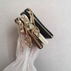 Fashion PU Leather Mini Coin Purse with Metal Chain Keyring Multi-color Minimalist Women's Card & Cash Wallet