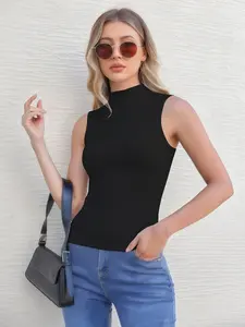 Women's Casual Sporty High Neck Sleeveless Vest, Moisture-Wicking Breathable Knit Underlayer Top, All Season Fitted Design