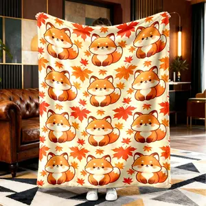 Autumn Maple Leaf Fox Print Flannel Blanket, Soft and Comfortable, Ideal for Camping, Travel, Nap, Home Decor, Perfect Gift