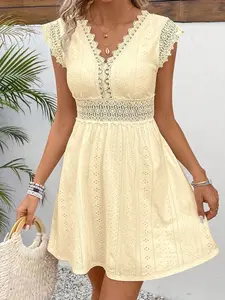 Summer Vacation Dress - French Style Eyelet V-Neck Lace Patchwork Embroidered Elegant