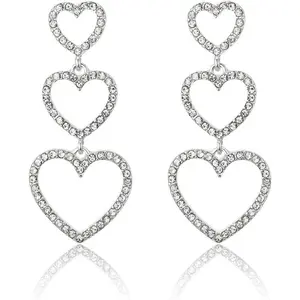 Bling CZ  Interlocking Three Heart Hollow Dangle Stud  Earrings For Women  Plated Alloy Valentines  For Her