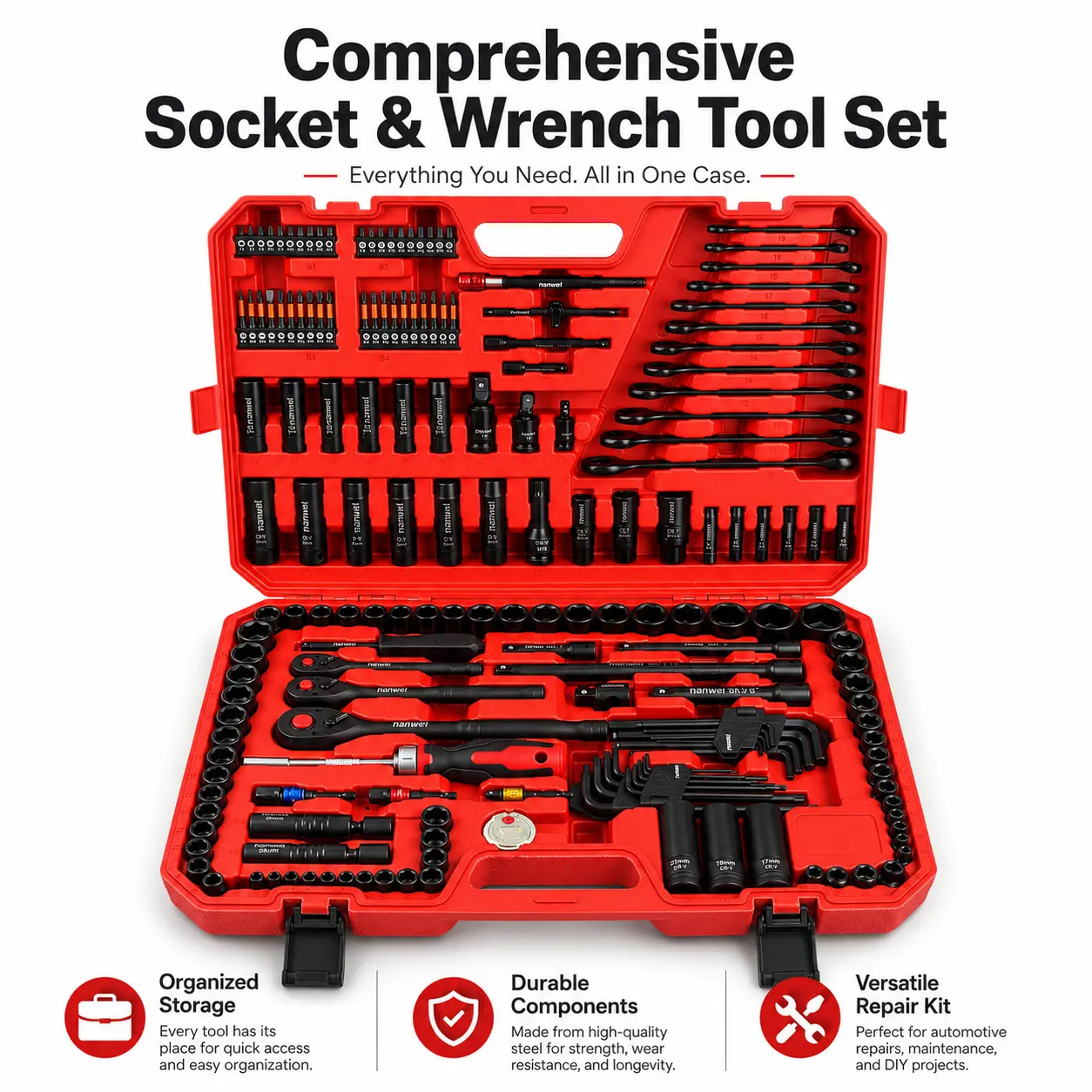 182pcs Premium Torque Wrench Tool Set,Including Car Repair And Home MaintenanceManual Tool Kit, Heavy-Duty Socket AndRatchet Wrench Combination with PortableSturdy Storage Box, Suitable for Automotive,Motorcycle drive adapter ratchet handle
