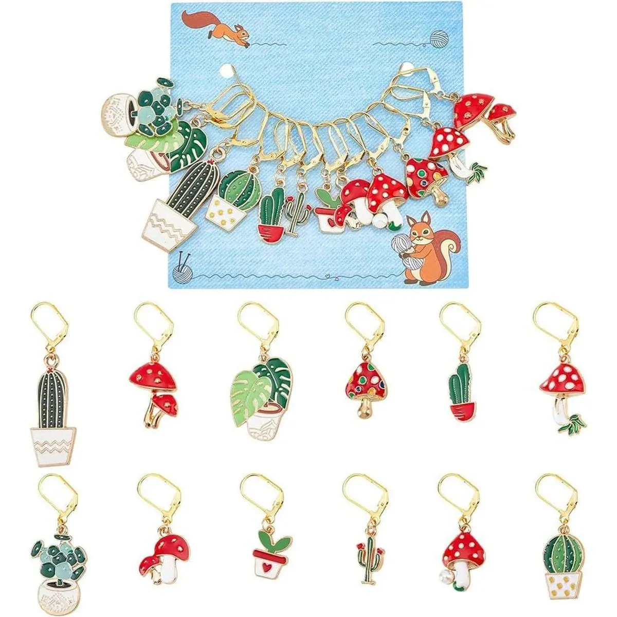 12 Pcs Plant Stitch Markers, Cactus Leaf Mushroom Alloy Enamel Crochet Stitch Marker Charms Locking DIY Handmade Gift for Knitting Weaving Accessories Quilting Handmade Jewelry