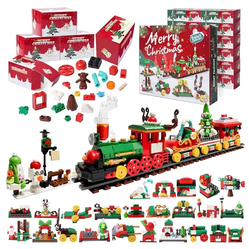 Christmas Train Creative Building Block Set Gift Box, DIY Playset, Includes 777 Blocks and 24-Day Countdown Calendar Surprise Box, Christmas New Year Thanksgiving Gifts