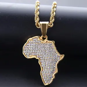 Stainless Steel AFRICA MAP CZ Iced Pendant & 3mm 18" 20" 24" Rope Chain Necklace Jewelry Unisex Men Women