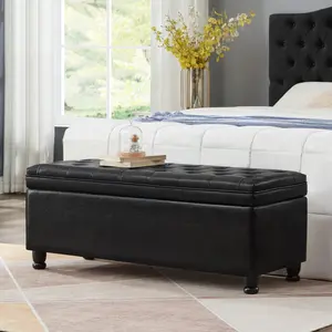 Storage Bench Upholstered tufted button Storage Bench ,Faux leather entry bench with spindle wooden legs, Bed bench- Black