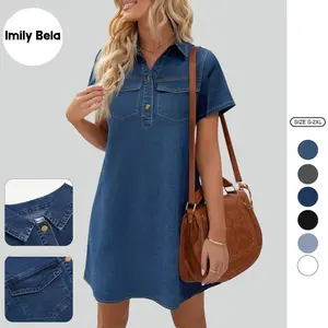 Imily Bela Women's Short Sleeve Denim Dress Button Down Collared Loose Fit Summer Casual Jean Shirt Mini Dresses