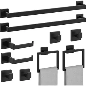 10-Pieces Matte Black Bathroom Accessories Set, 24 Inch SUS304 Stainless Steel Bathroom Hardware Towel Bar Set, Wall Mounted Towel Racks for Bathroom