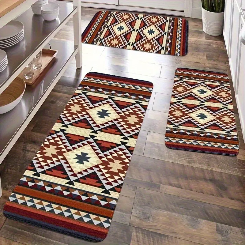 3-Piece Set Bohemian Kitchen Mat, Indian Indigenous Carpet, Totem Carpet, Kitchen Mat, Velvet Material, Suitable for Bedroom, Living Room, Dining Room, Kitchen, Bathroom, Entrance Carpet Mat