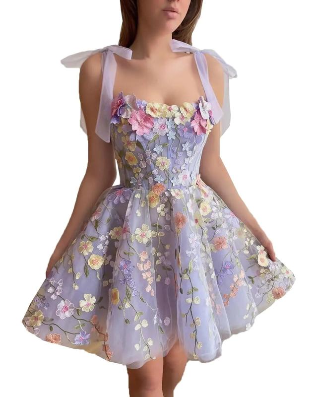 LECOYOYO 3D Flowers Short Homecoming Dresses Lace Appliques Prom Dress for Teens Spaghetti Straps DAMA Dress for QuinceaneraUS6