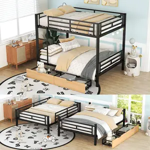 Full Over Full Bunk Bed Frame with 2 Storage Drawers, Metal Heavy Duty Bunk Bed Frame with Guard Rails and Ladder, Can be Convertible Into 2 Beds, Black