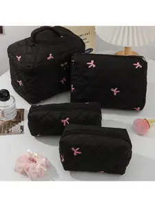 Women Portable Makeup Bag, Large Capacity Bow Quilting, Cosmetic Pouch Handbag, Ladies Travel Toiletry Storage Bag