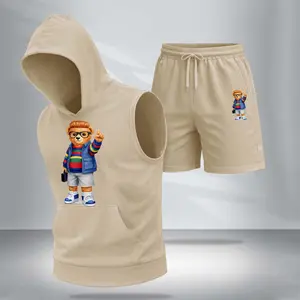 Men's Casual Two-Piece Set: Camouflage Bear Athleisure Streetwear — 5-Color Hooded Vest & Shorts — Regular Fit, Sporty-Casual Style, Sleeveless Top & Shorts — Men's Summer Apparel
