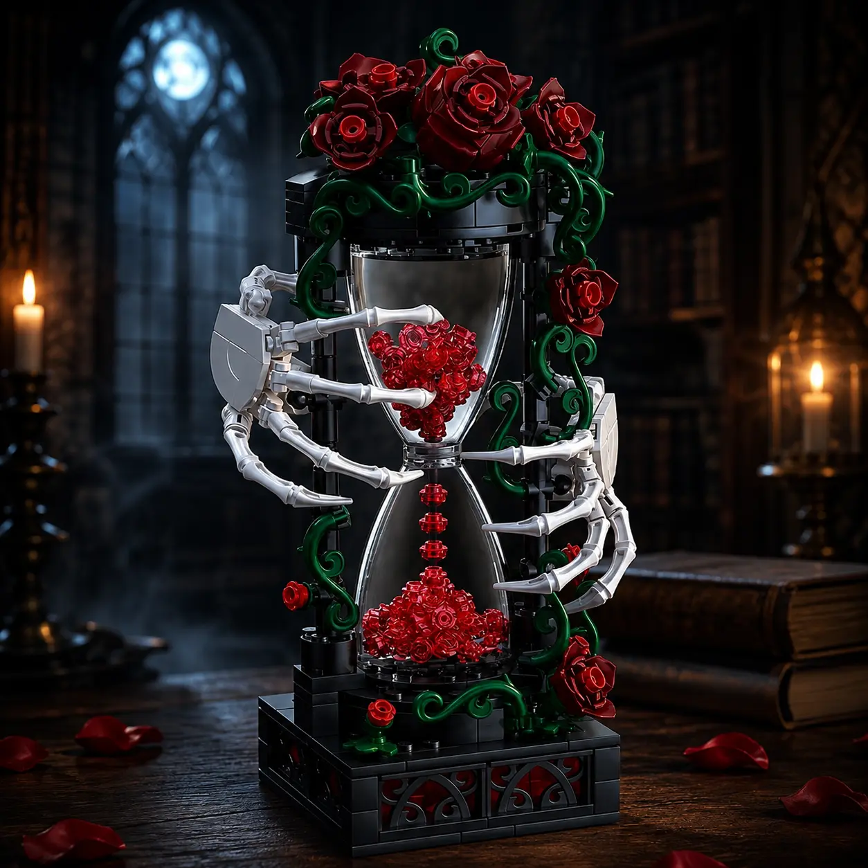 Gothic Skeleton Rose Hourglass ABS Plastic Brick Blocks Building Set (381PCS) - Dark Academia Aesthetic Eternal Time Model Kit for Adults, DIY Puzzle, Halloween Decor, Goth Fans Gift