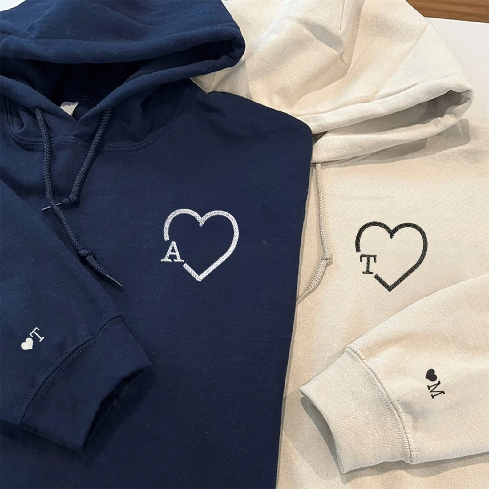 Heart Initials Matching Couple Hoodies - Custom Embroidered Sweatshirts For Partners