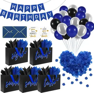 5 Senses Gift Bags for Him with Labels & Tissue Paper | Happy Birthday Decorations Kit with Banner, Balloons, Rose Petals, Envelope, Card for Men, Boyfriend, Husband(Black - Blue lettering)
